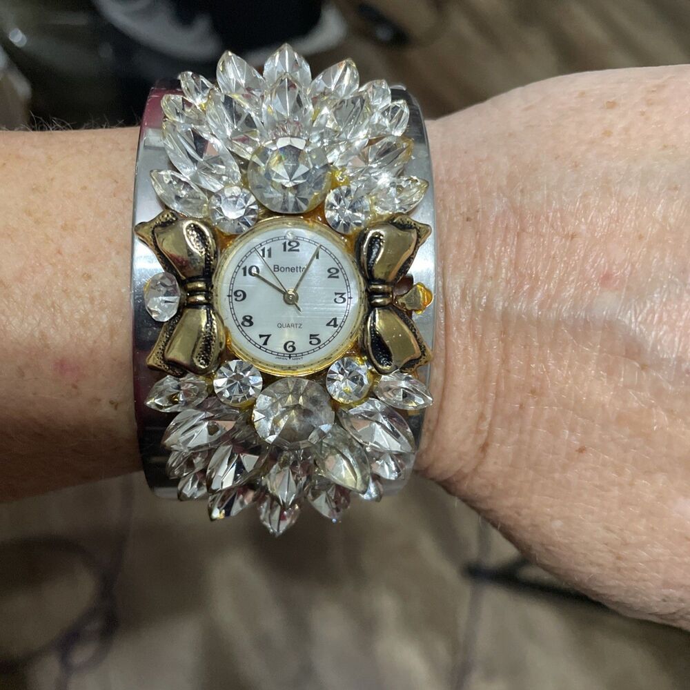 Untested BONETTO Clear Rhinestone Bow Floral Watch Bangle Bracelet Silver Tone